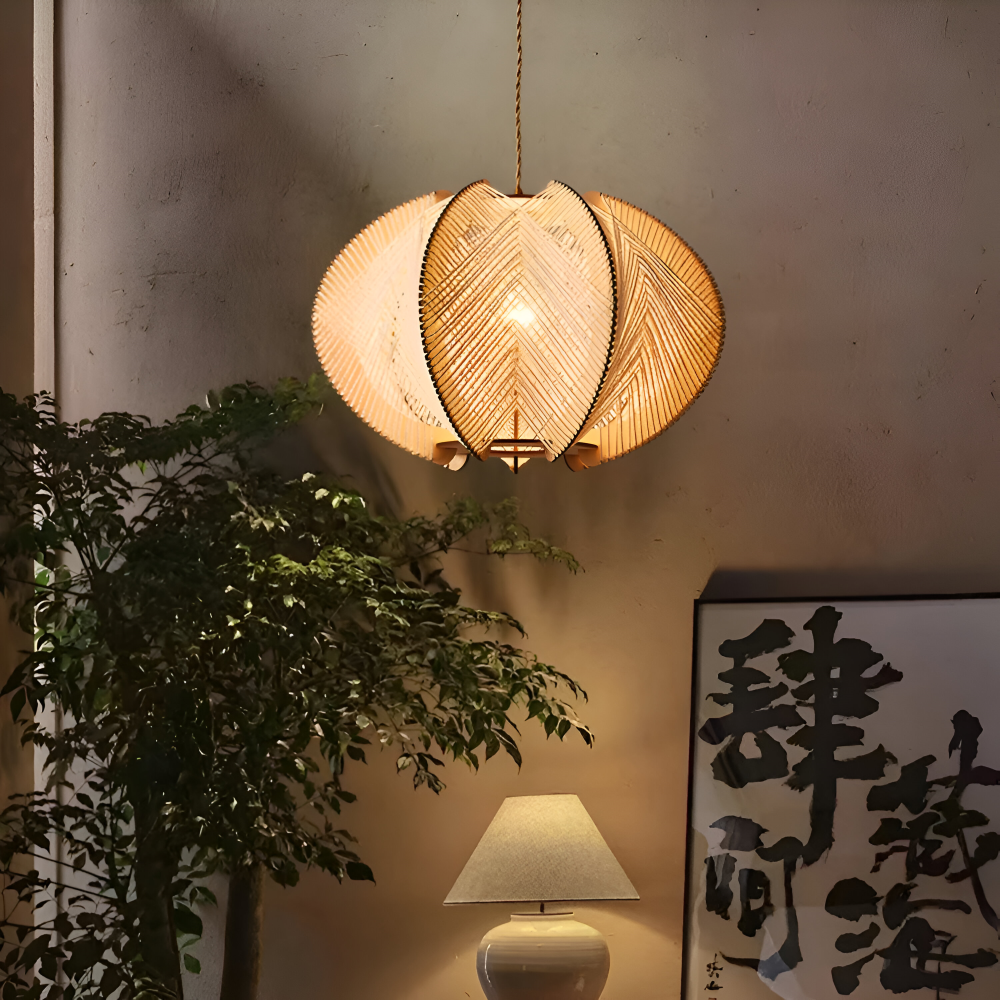 Kirei Pendelleuchte - Geometrische Hängelampe aus Hanfseil und Holz - Wabi Sabi Lighting