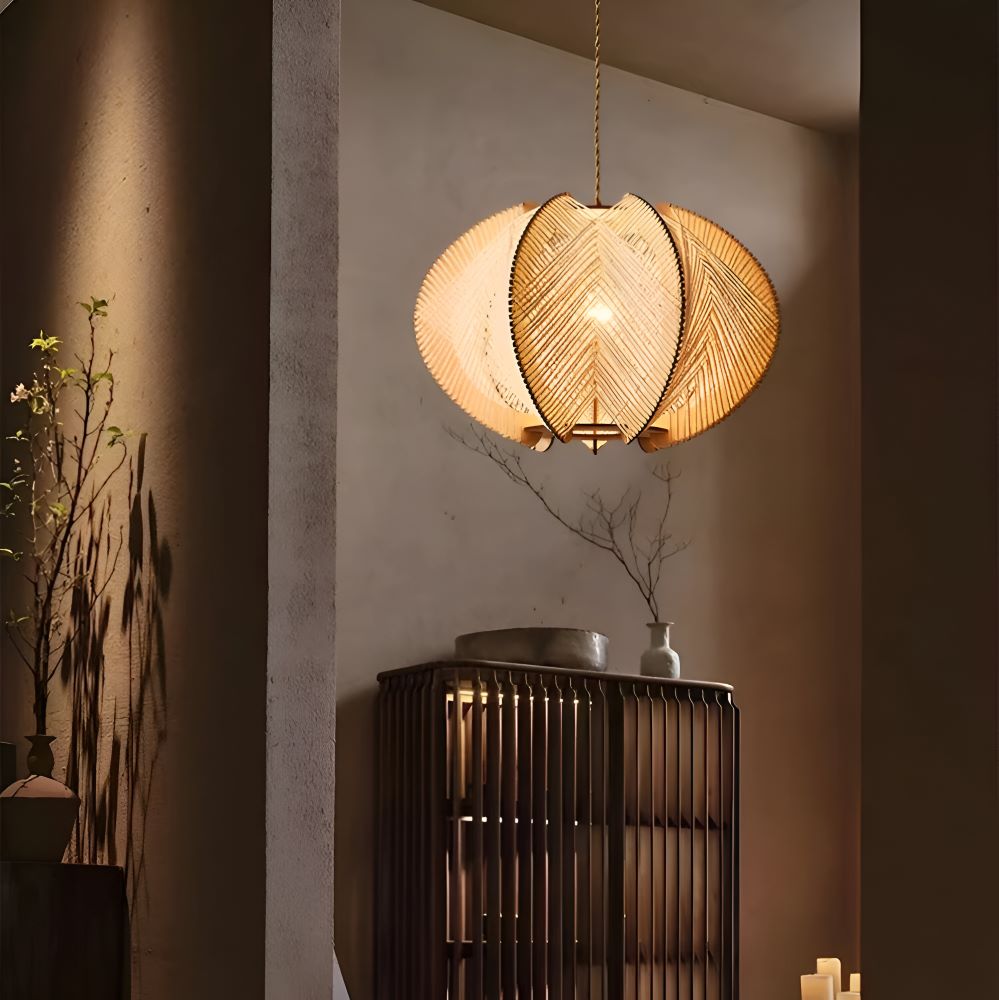 Kirei Pendelleuchte - Geometrische Hängelampe aus Hanfseil und Holz - Wabi Sabi Lighting