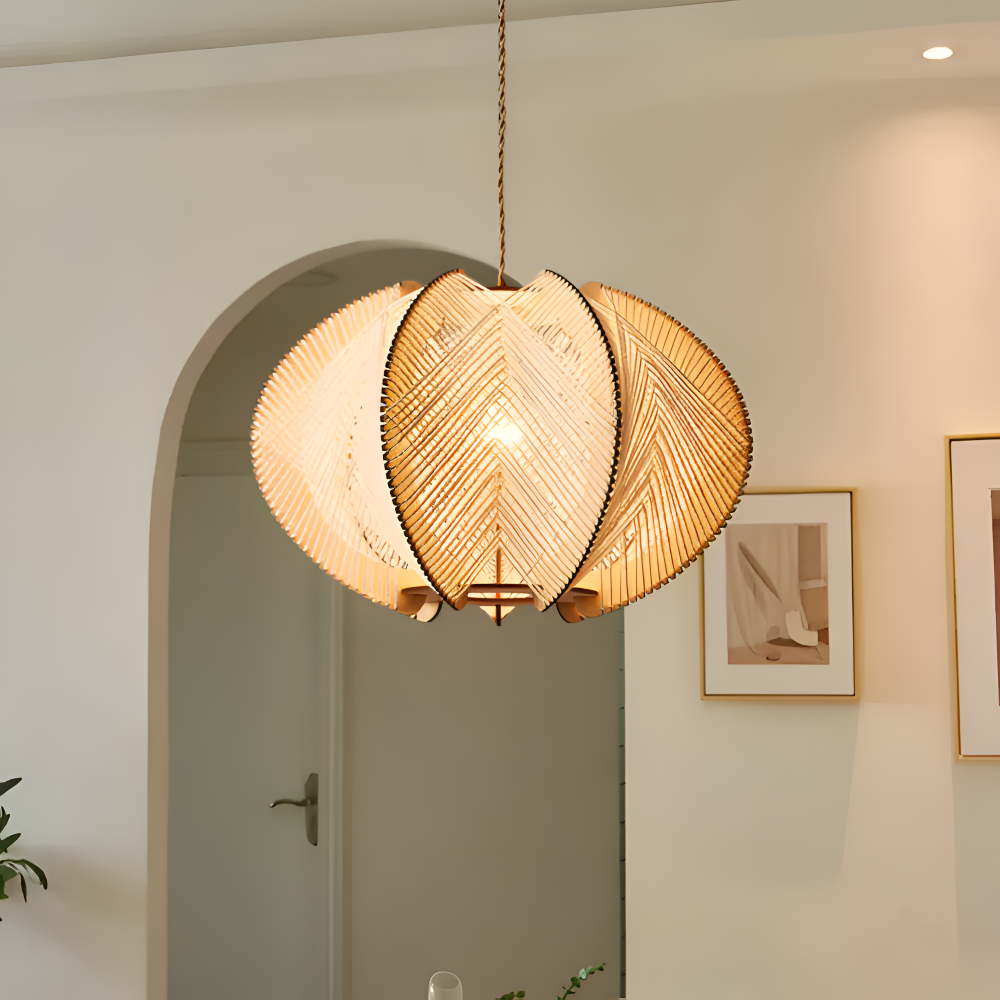 Kirei Pendelleuchte - Geometrische Hängelampe aus Hanfseil und Holz - Wabi Sabi Lighting