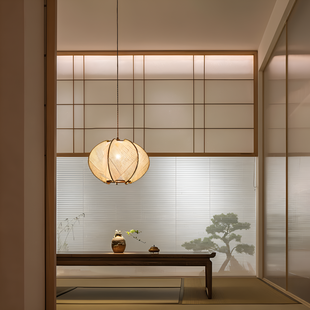 Kirei Pendelleuchte - Geometrische Hängelampe aus Hanfseil und Holz - Wabi Sabi Lighting