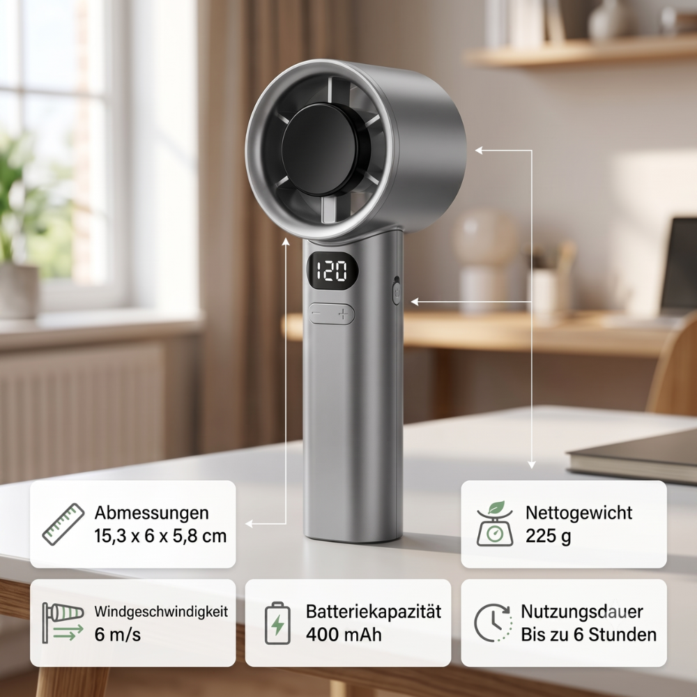 Wiederaufladbarer Handventilator mit Digitalanzeige – kompakter USB-Mini-Ventilator mit stufenloser Geschwindigkeitsregelung für Reise, Büro und Zuhause