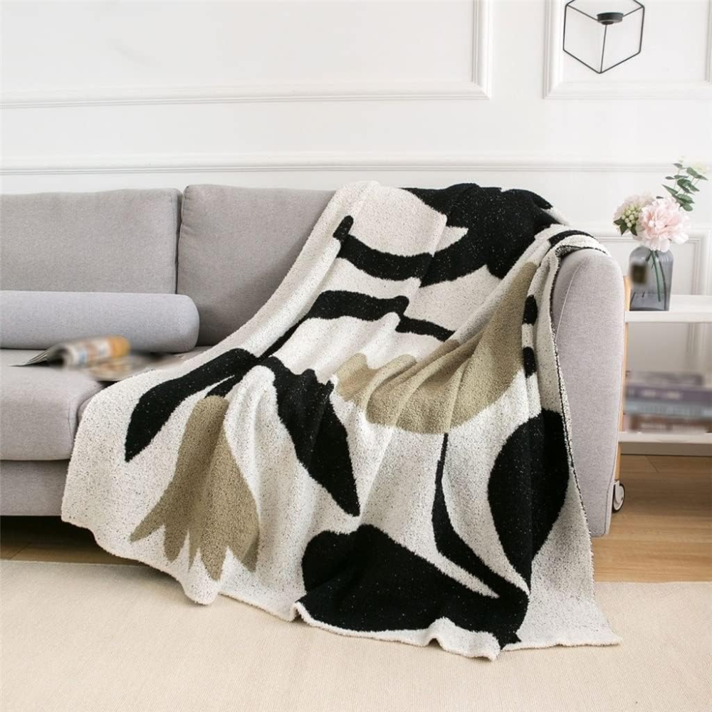 Kuscheldecke Beige Schwarz – Weiche Strickdecke mit Muster für Sofa, Bett & Wohnzimmer