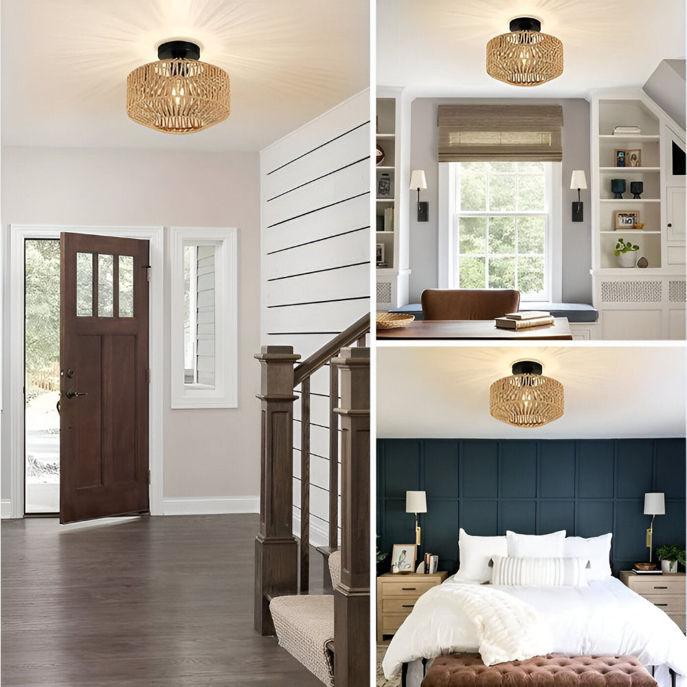 LustreBoho Deckenleuchte - Handgefertigte Rattan-Deckenleuchte - Rattan Flush Mount Leuchte