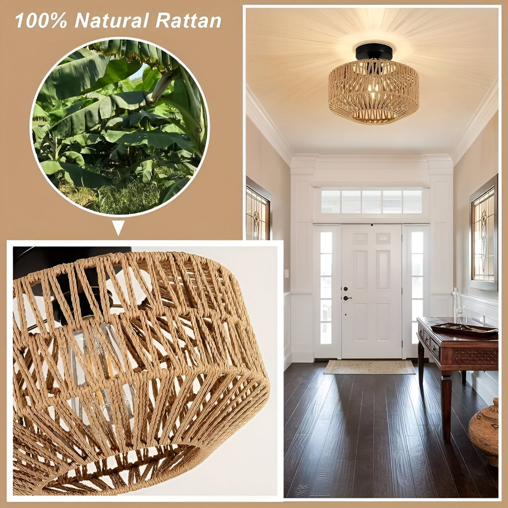 LustreBoho Deckenleuchte - Handgefertigte Rattan-Deckenleuchte - Rattan Flush Mount Leuchte