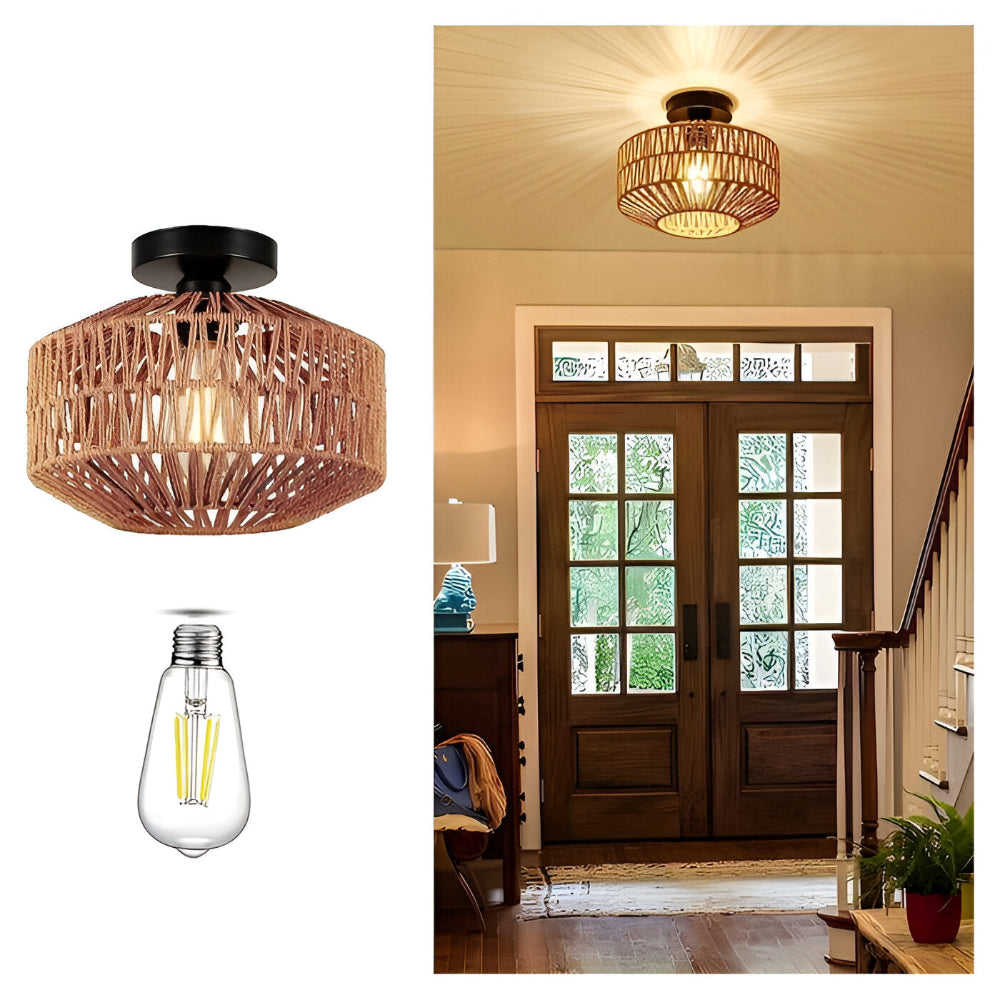LustreBoho Deckenleuchte - Handgefertigte Rattan-Deckenleuchte - Rattan Flush Mount Leuchte