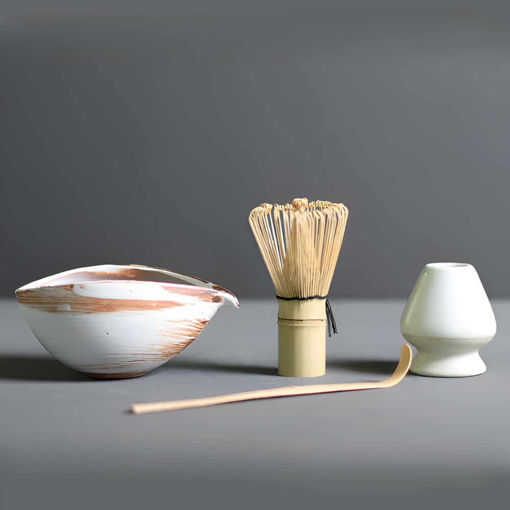 LuxuTea Wares - 4 Stück Bambus Keramik Japanisch Matcha Set
