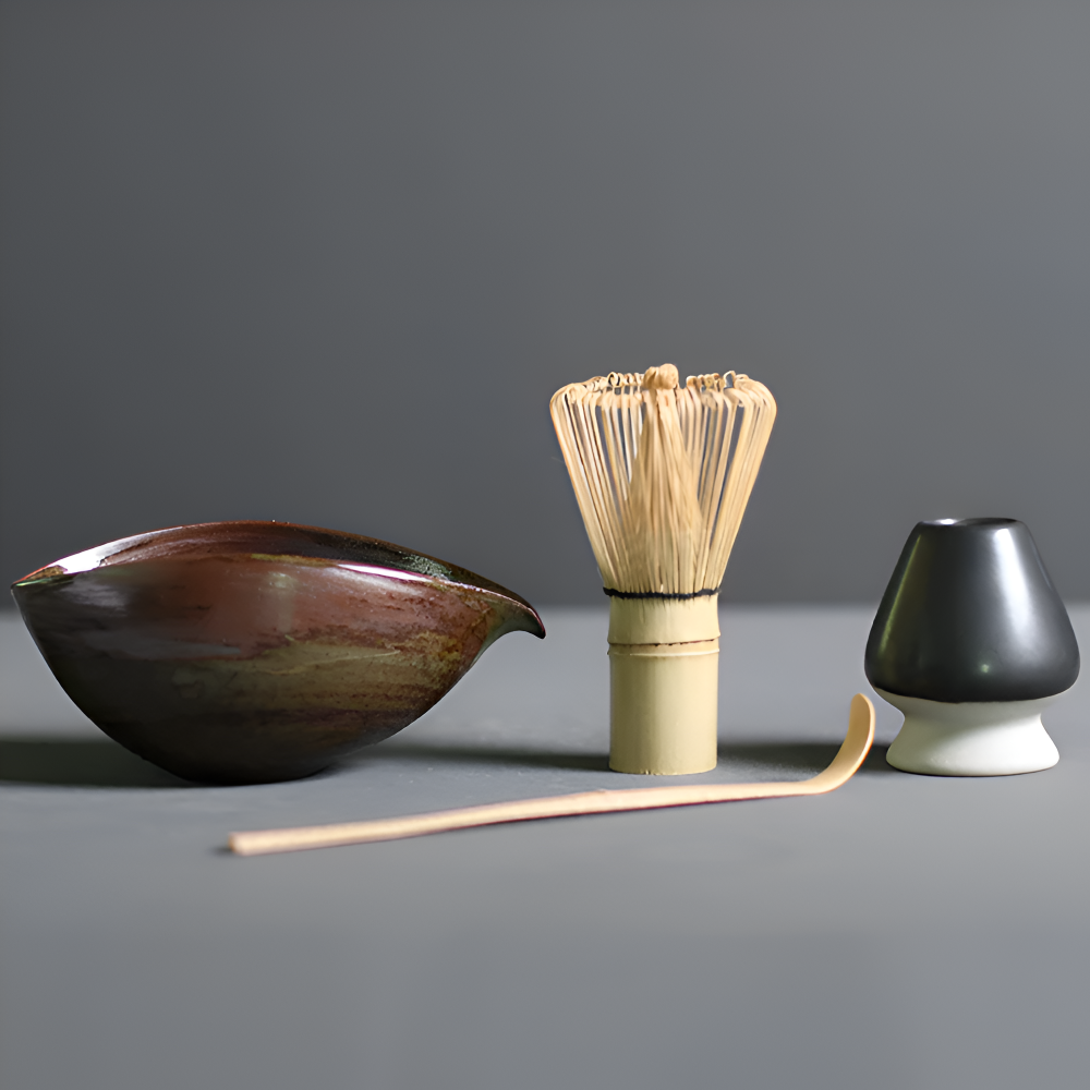 LuxuTea Wares - 4 Stück Bambus Keramik Japanisch Matcha Set