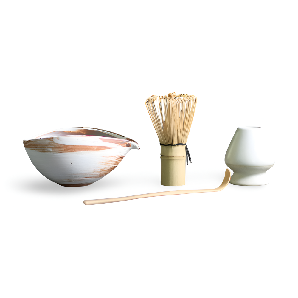 LuxuTea Wares - 4 Stück Bambus Keramik Japanisch Matcha Set