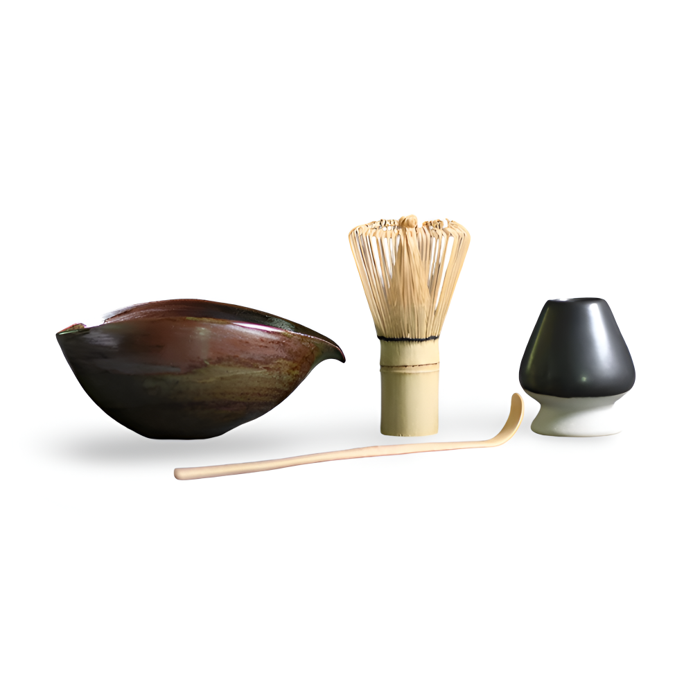 LuxuTea Wares - 4 Stück Bambus Keramik Japanisch Matcha Set