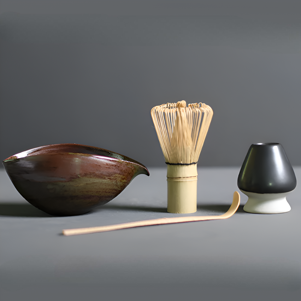 LuxuTea Wares - 4 Stück Bambus Keramik Japanisch Matcha Set