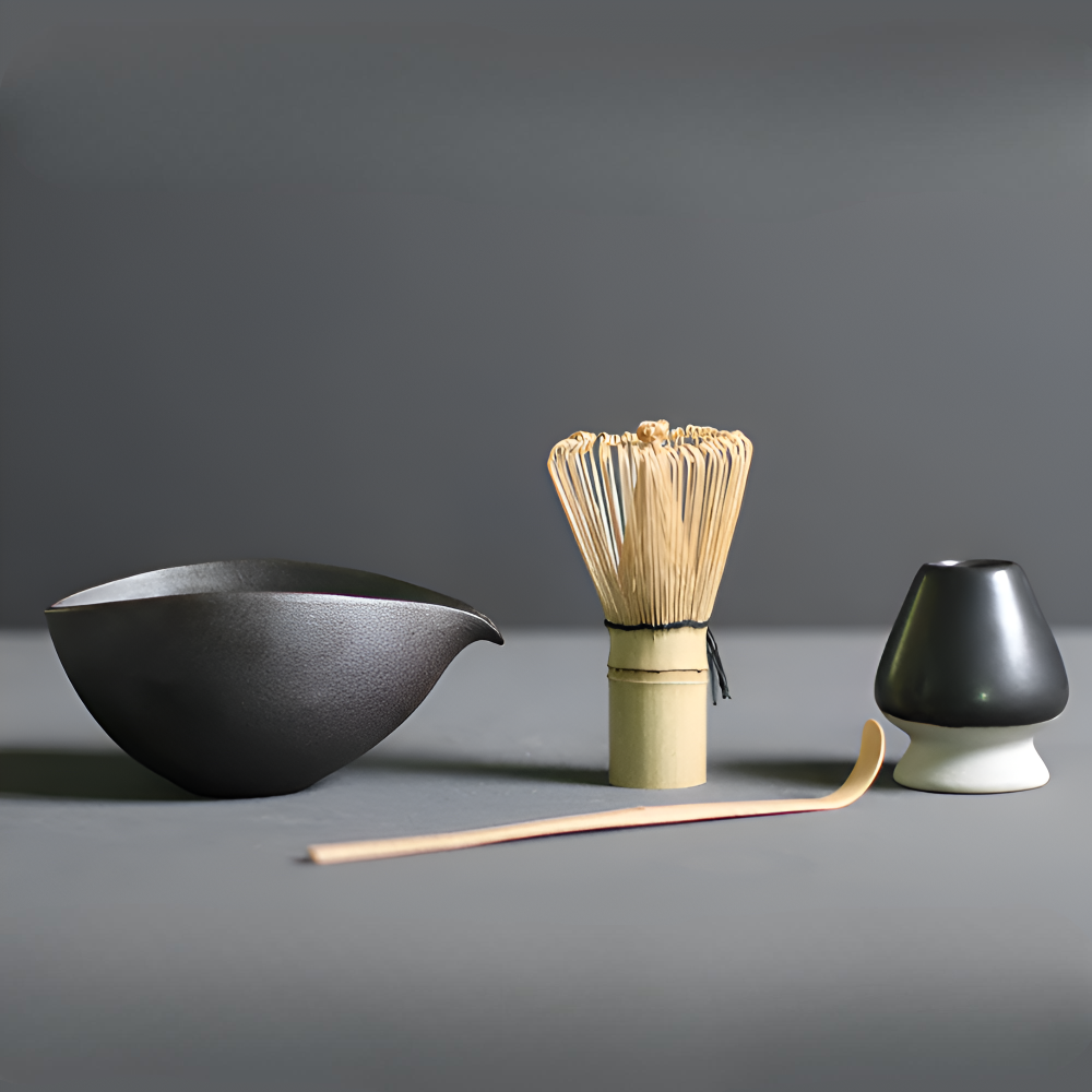LuxuTea Wares - 4 Stück Bambus Keramik Japanisch Matcha Set
