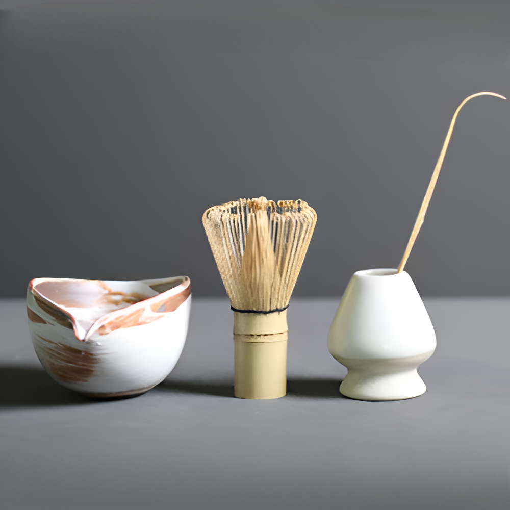 LuxuTea Wares - 4 Stück Bambus Keramik Japanisch Matcha Set