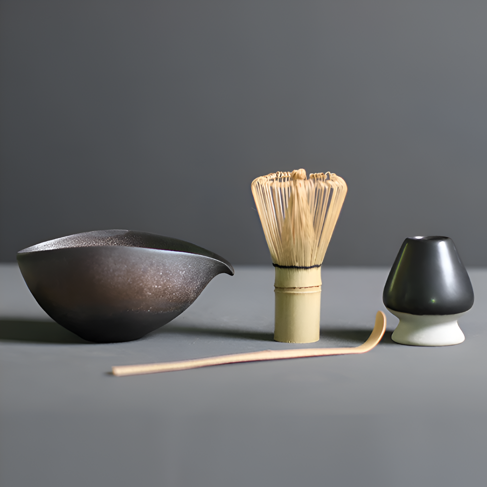 LuxuTea Wares - 4 Stück Bambus Keramik Japanisch Matcha Set