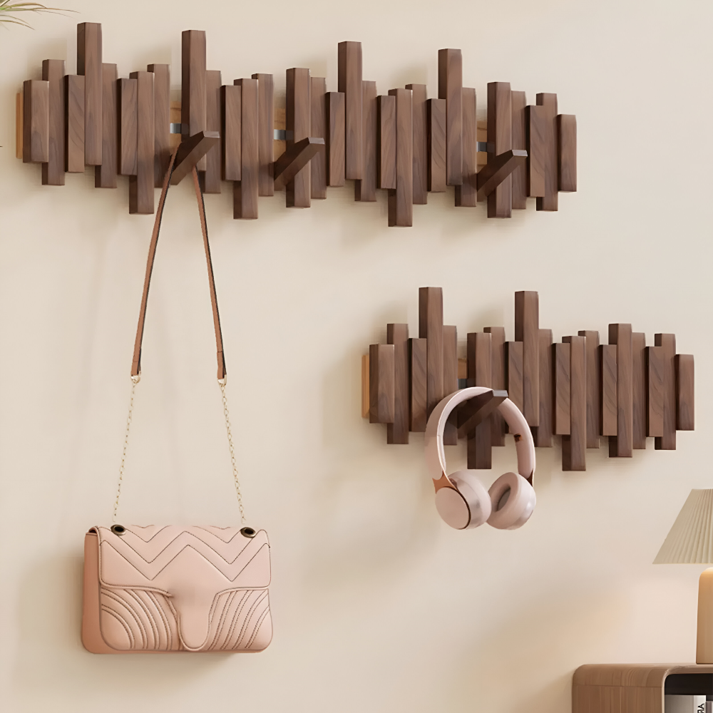 Magnetische Kleiderhaken aus Holz – Klappbare Wandhaken Leiste, 4 bis 10 Haken (28-66cm)