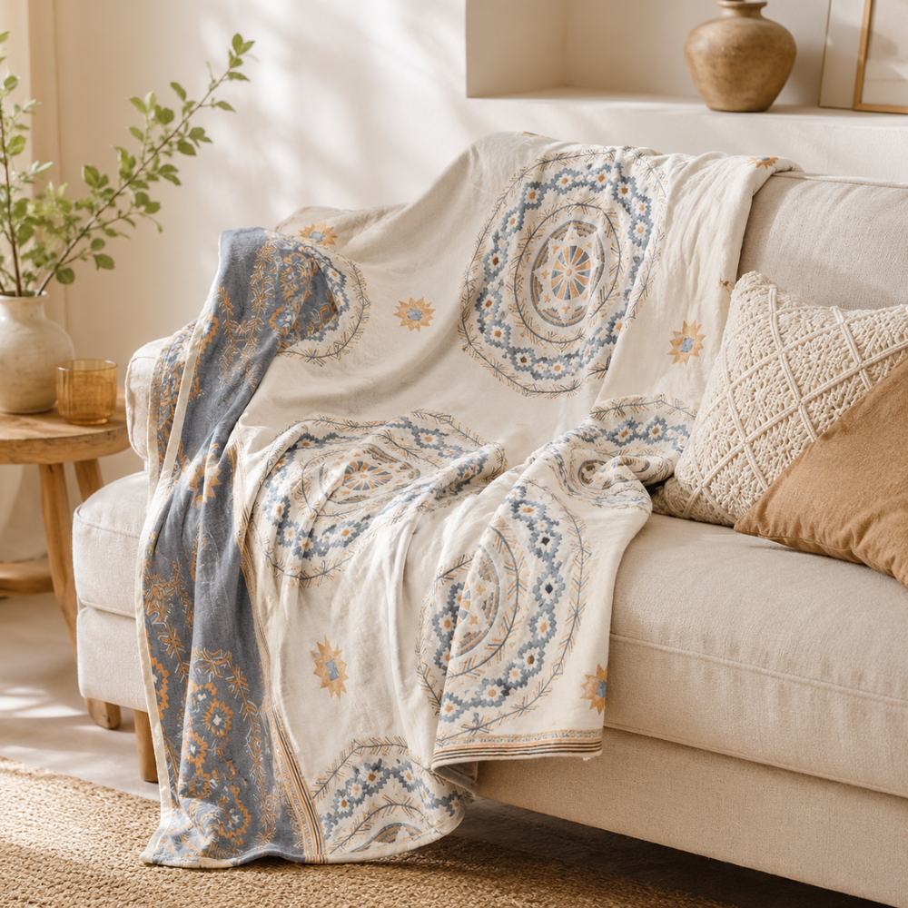Mandala Überwurfdecke aus Baumwolle – Boho Tagesdecke für Bett, Couch & Wohnzimmer