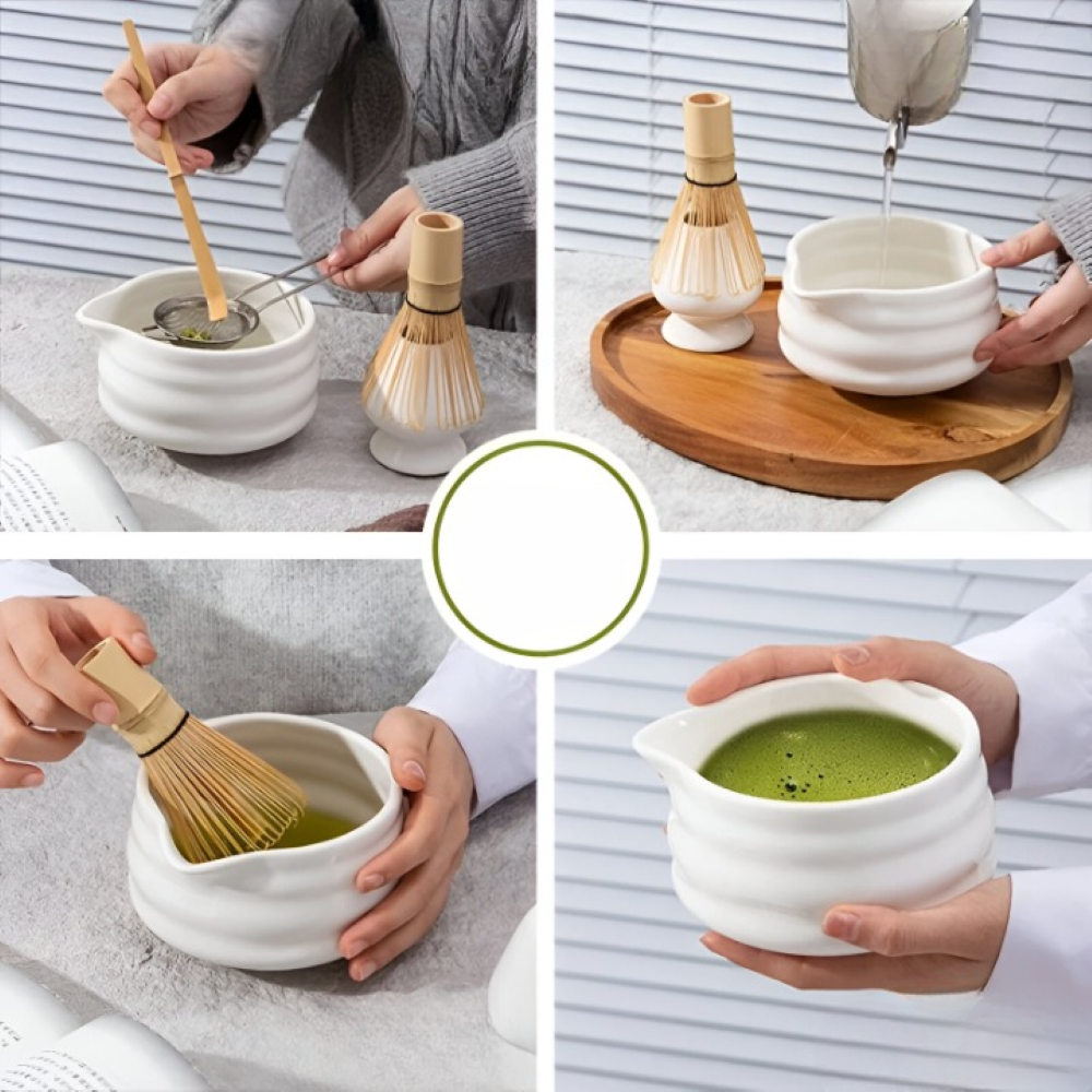 Matcha Tee Set Weiß 5-teilig - Keramik Schale 460ml, Bambus Besen (Chasen), Halter & Sieb - Japanisches Design