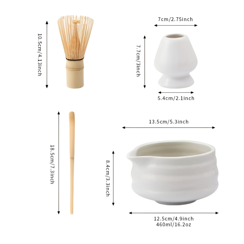Matcha Tee Set Weiß 5-teilig - Keramik Schale 460ml, Bambus Besen (Chasen), Halter & Sieb - Japanisches Design