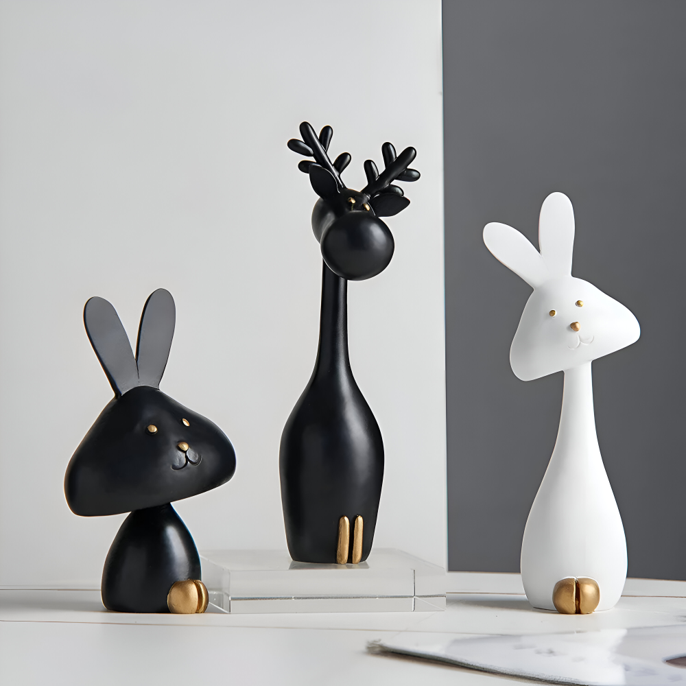 MiniCraft Osterdeko - Schwarz & Weiß Harz Ostern Kaninchen & Hirsch Figuren