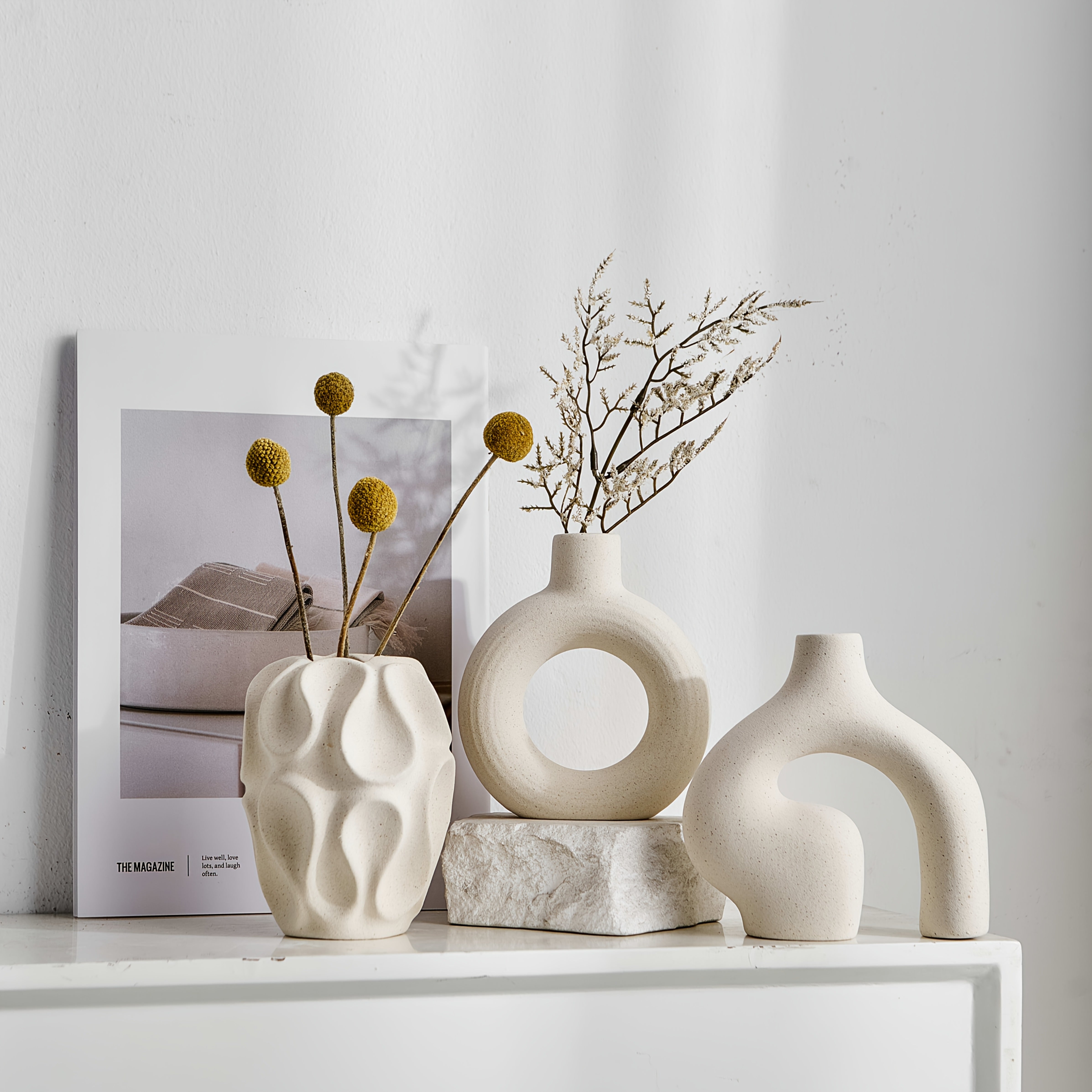 Minimalistisches Boho Vasen Set - 3 Stück Geometrische Keramik in Weiß für Elegante Wohnräume 4