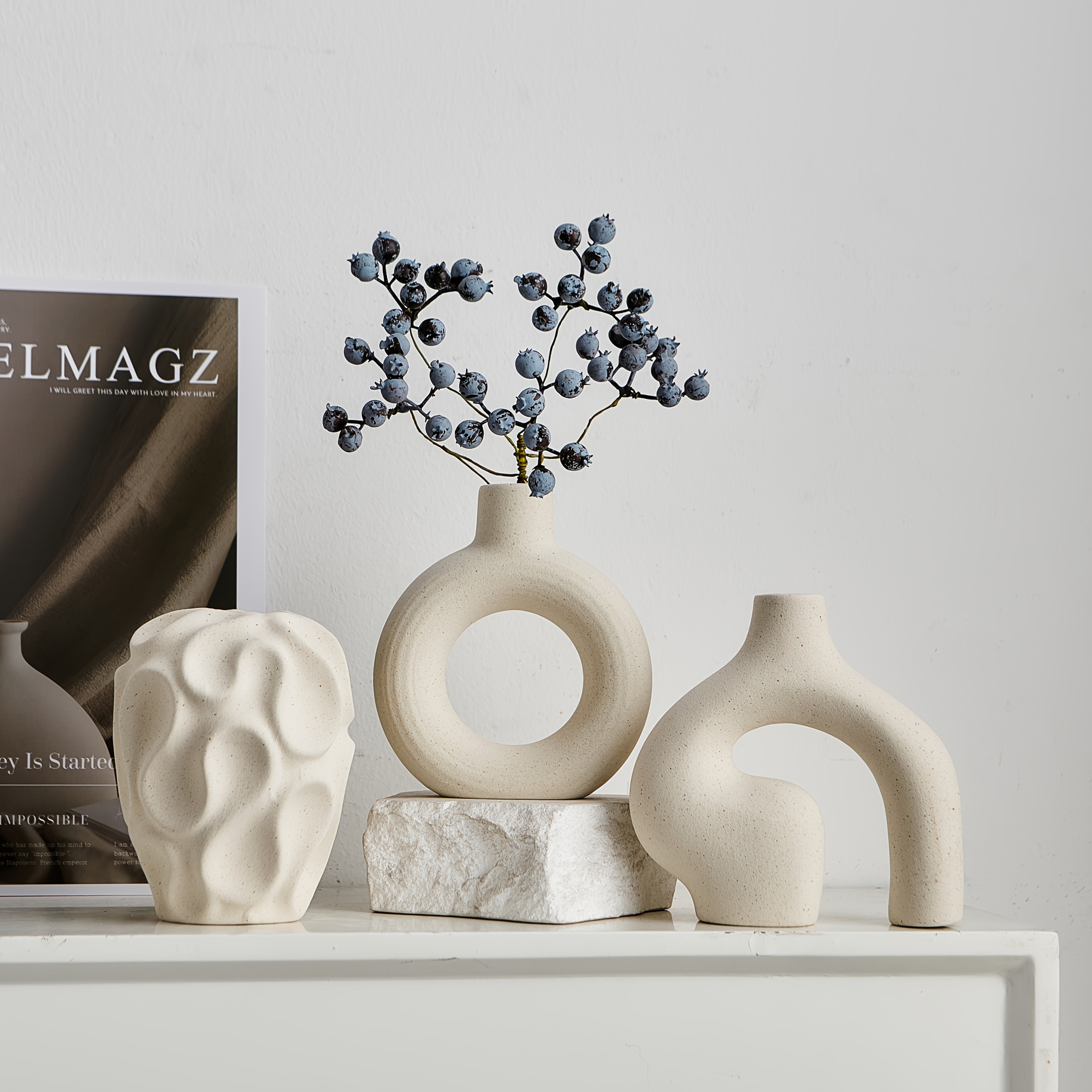 Minimalistisches Boho Vasen Set - 3 Stück Geometrische Keramik in Weiß für Elegante Wohnräume 8