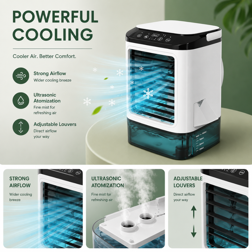 Mobiler Mini Luftkühler USB mit Luftbefeuchter 3 Geschwindigkeiten 900ml Wassertank LED Nachtlicht