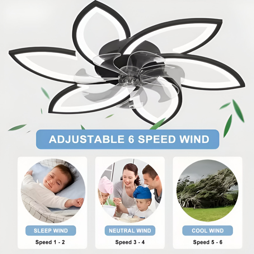 Moderner Schwarzer Deckenventilator mit Licht - Smarte Dimmbare Lampe mit Fernbedienung - 6 Einstellbare Ventilatorgeschwindigkeiten