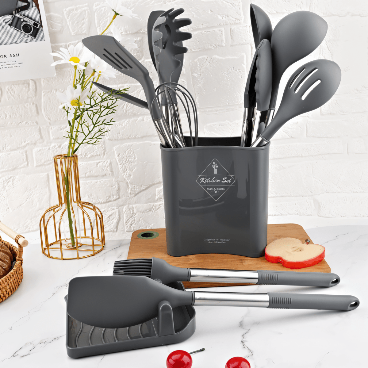 Modernes 12-Teiliges Silikon Küchenutensilien Set - Hitzebeständige Edelstahlgriffe in Elegant Schwarz für Stilvolles Kochen 5