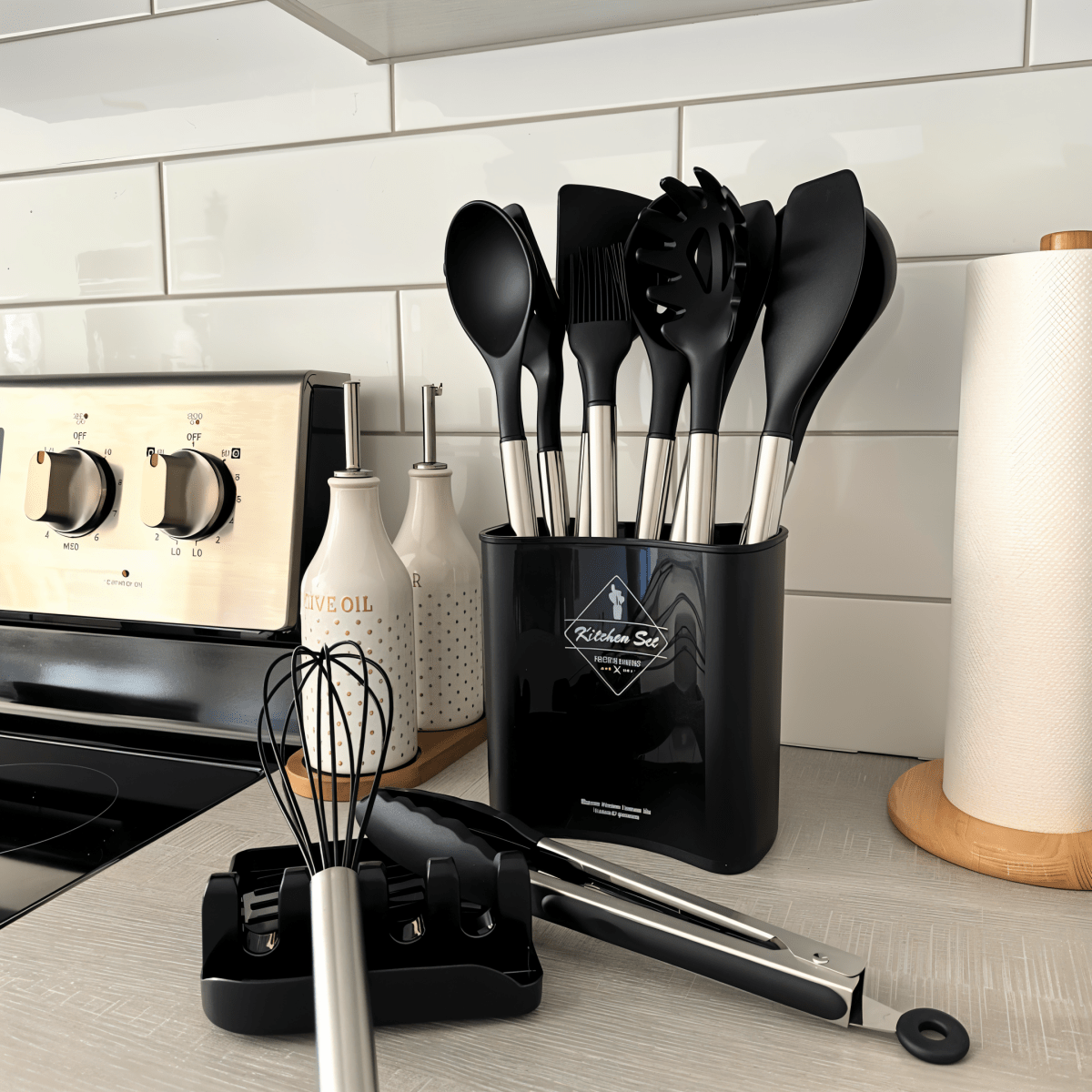 Modernes 12-Teiliges Silikon Küchenutensilien Set - Hitzebeständige Edelstahlgriffe in Elegant Schwarz für Stilvolles Kochen 7