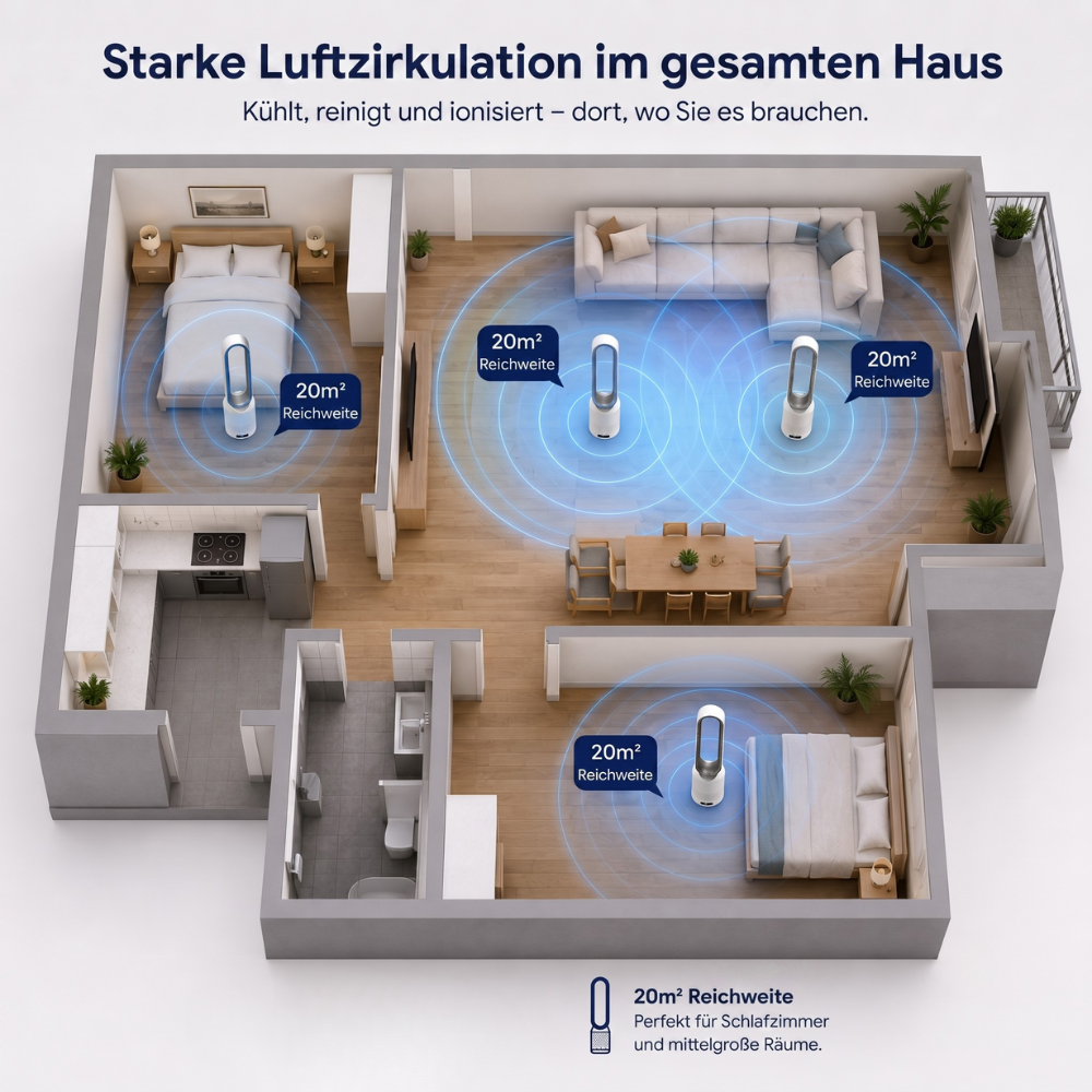 Flügelloser Turmventilator 3-in-1 – Leiser Luftkühler mit Luftreinigung & Ionisierung