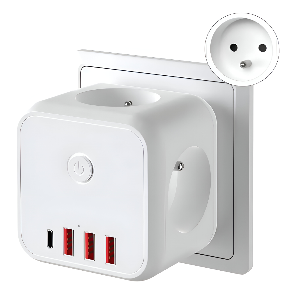 Multifunktionale 7-in-1 Steckdosenleiste mit Überspannungsschutz – 3 AC-Steckdosen, 3 USB-Ports und 1 Type-C-Ladehub für den Desktopgebrauch mit Überlastungsschutz