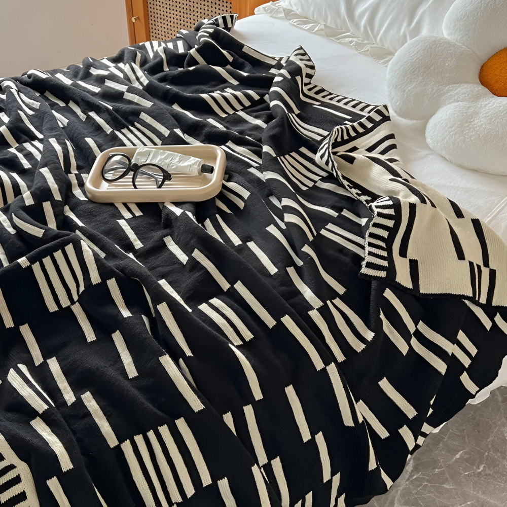 Neutral Dash Plaid - Schwarz Beige Acryl Fleece Blanket - Strick Bett Throw