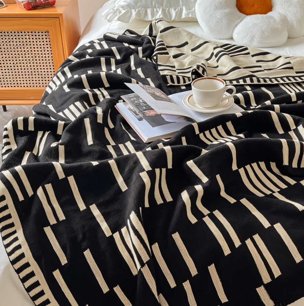 Neutral Dash Plaid - Schwarz Beige Acryl Fleece Blanket - Strick Bett Throw