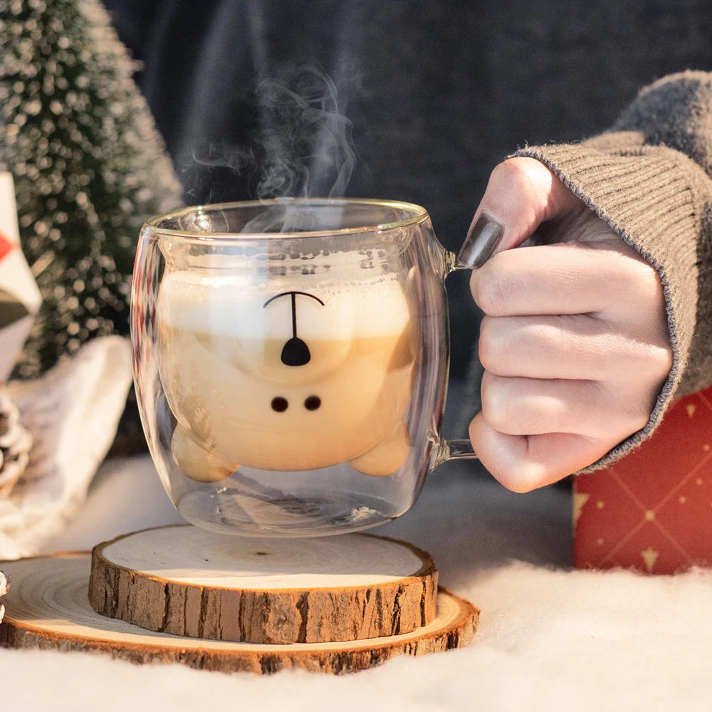 Niedliche Doppelwandige Kaffeetasse - Borosilikatglas mit Bärenmotiv für Eiskaffee und Milchtee 0
