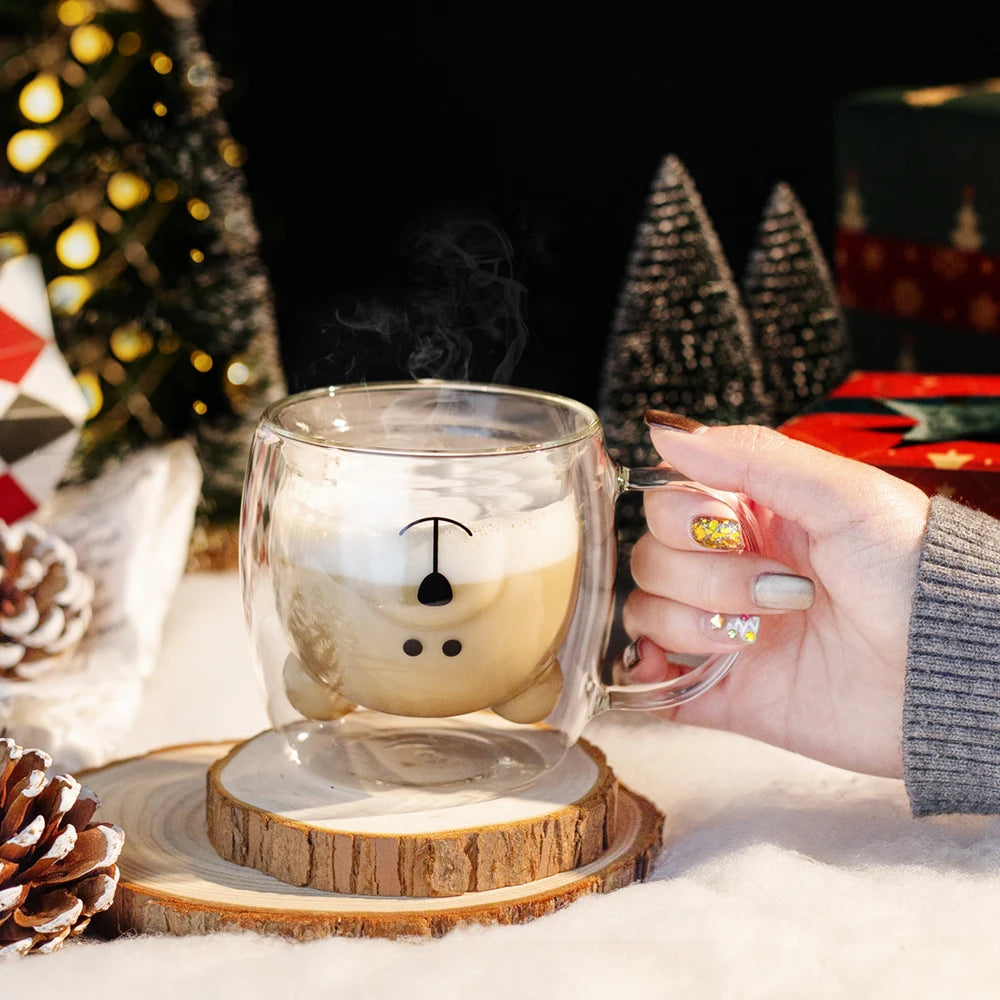 Niedliche Doppelwandige Kaffeetasse - Borosilikatglas mit Bärenmotiv für Eiskaffee und Milchtee 1