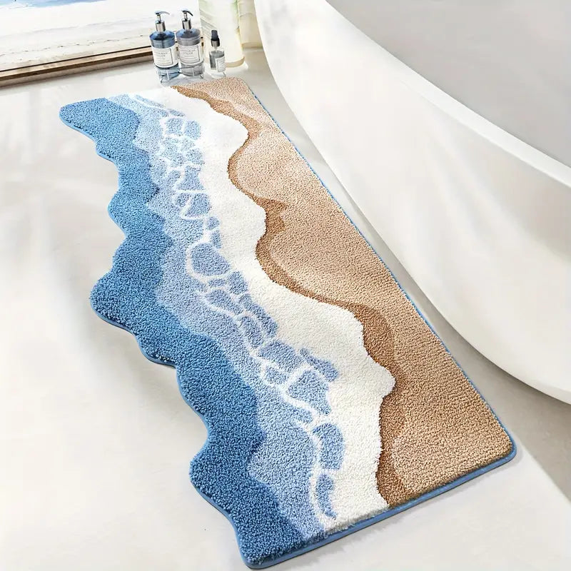 Nordic Coastal Badematte 50x80cm - Hochflorige Mikrofaser in Erdtönen und Meeresblau für Badezimmerdekoration 0