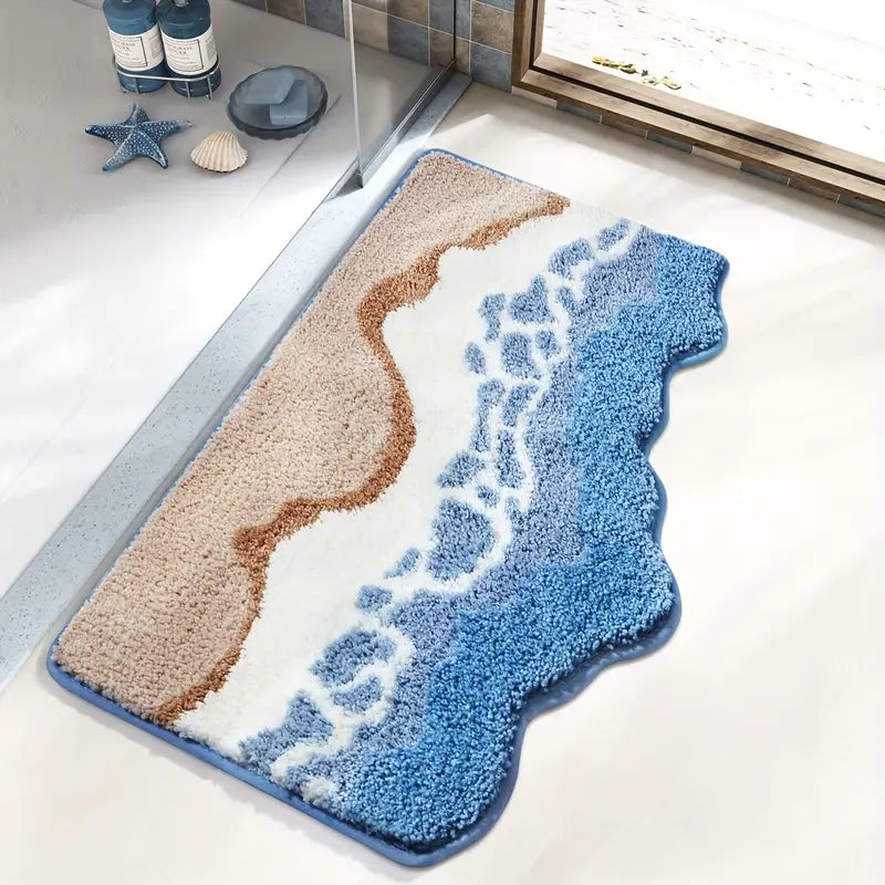 Nordic Coastal Badematte 50x80cm - Hochflorige Mikrofaser in Erdtönen und Meeresblau für Badezimmerdekoration 2