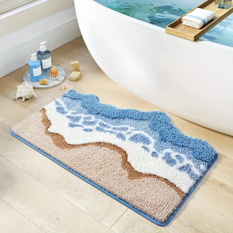 Nordic Coastal Badematte 50x80cm - Hochflorige Mikrofaser in Erdtönen und Meeresblau für Badezimmerdekoration 3