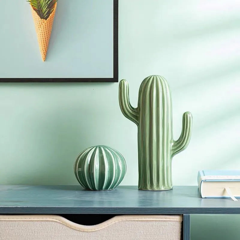 Nordic Handcrafted Ceramic Cactus Ornaments - Green Minimalist Decor for Living Room 2
