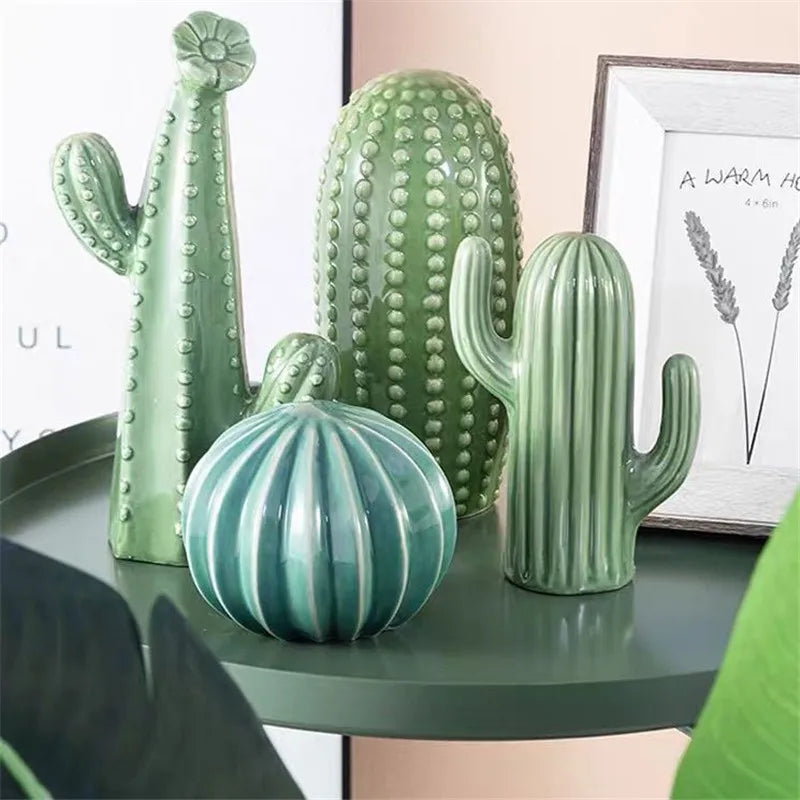 Nordic Handcrafted Ceramic Cactus Ornaments - Green Minimalist Decor for Living Room 3