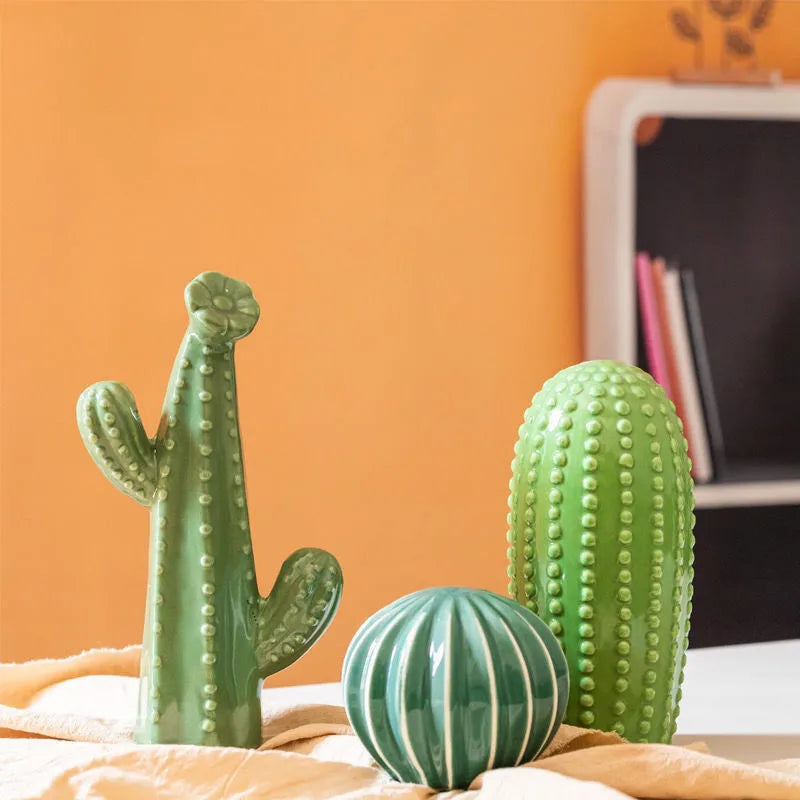 Nordic Handcrafted Ceramic Cactus Ornaments - Green Minimalist Decor for Living Room 4