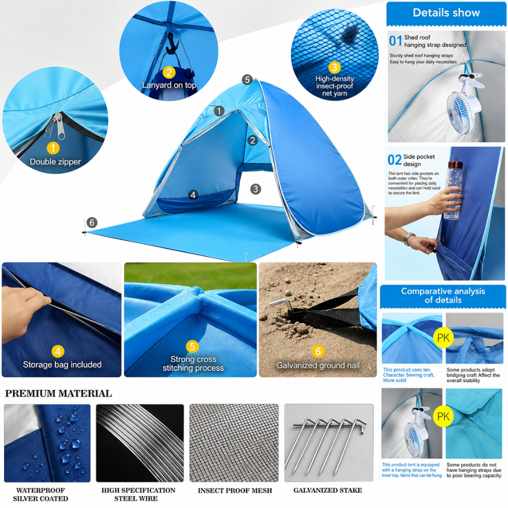 Pop-Up Strandmuschel für 2 Personen – Leichtes Strandzelt mit Sonnenschutz, Tragetasche & Heringen für Strand, Camping & Picknick