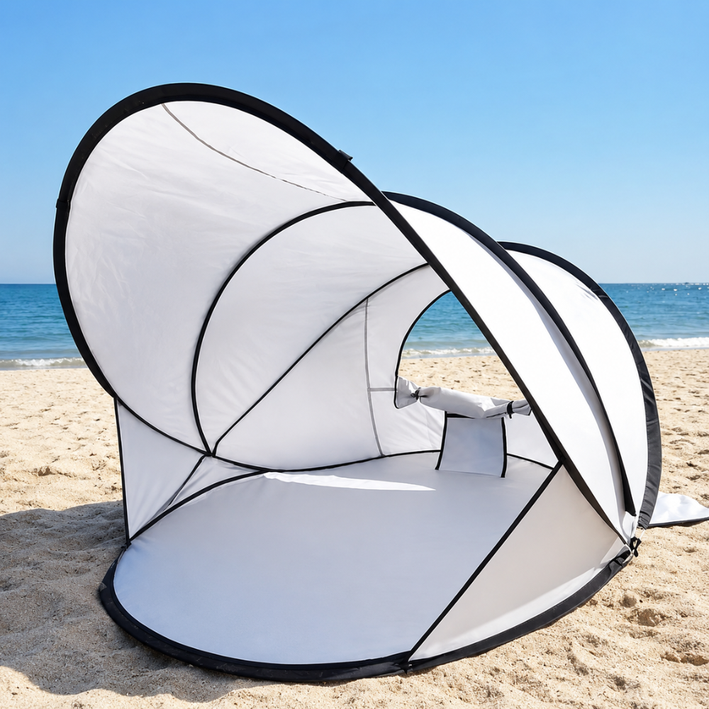 Pop-Up Strandmuschel für 2-3 Personen – Automatisches Strandzelt mit Sonnenschutz, Tragetasche, Heringen & Abspannseilen