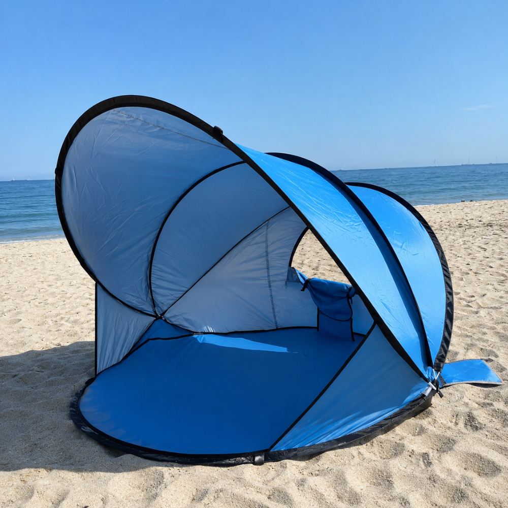 Pop-Up Strandmuschel für 2-3 Personen – Automatisches Strandzelt mit Sonnenschutz, Tragetasche, Heringen & Abspannseilen