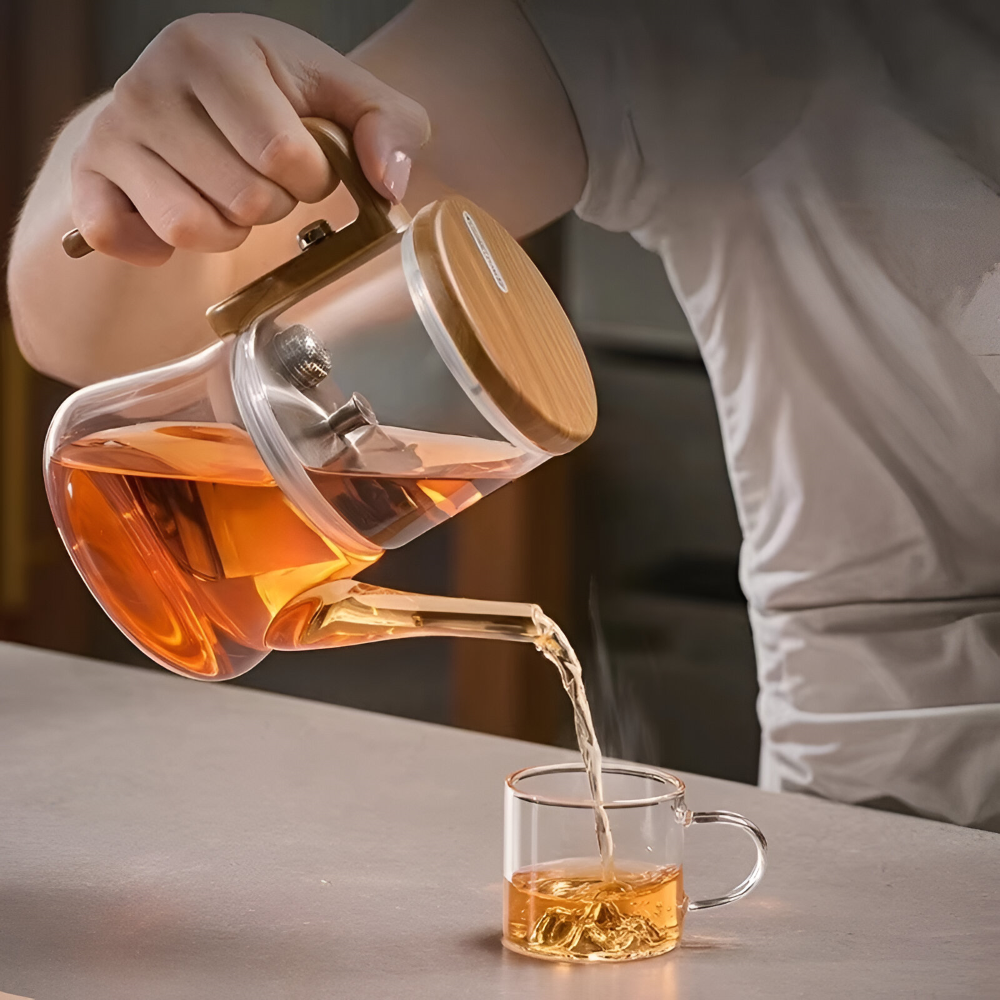 Premium Glasteekanne 760ml – Hitzebeständiges Borosilikatglas mit Magnet-Filtersystem & Holz-Finish