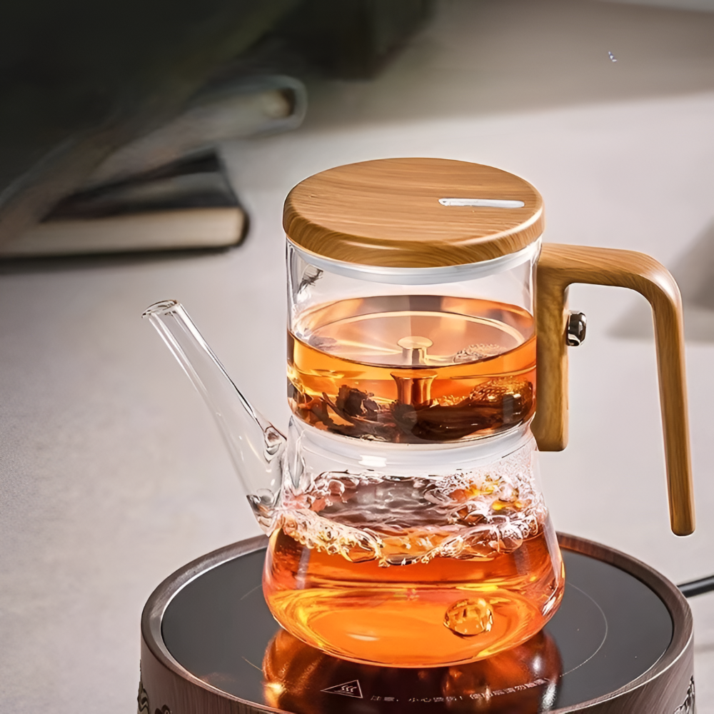 Premium Glasteekanne 760ml – Hitzebeständiges Borosilikatglas mit Magnet-Filtersystem & Holz-Finish