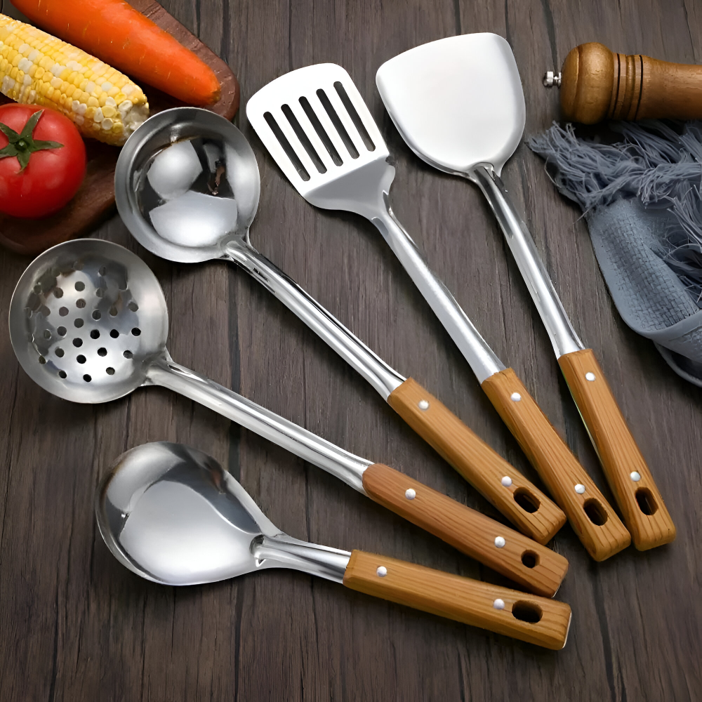 Premium Küchenutensilien Set - Edelstahl, mit Ergonomischen Holzgriffen - 5-teilig, Rostfrei