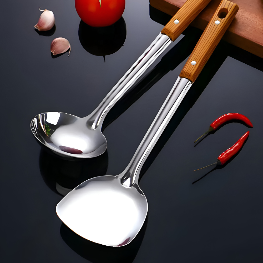 Premium Küchenutensilien Set - Edelstahl, mit Ergonomischen Holzgriffen - 5-teilig, Rostfrei