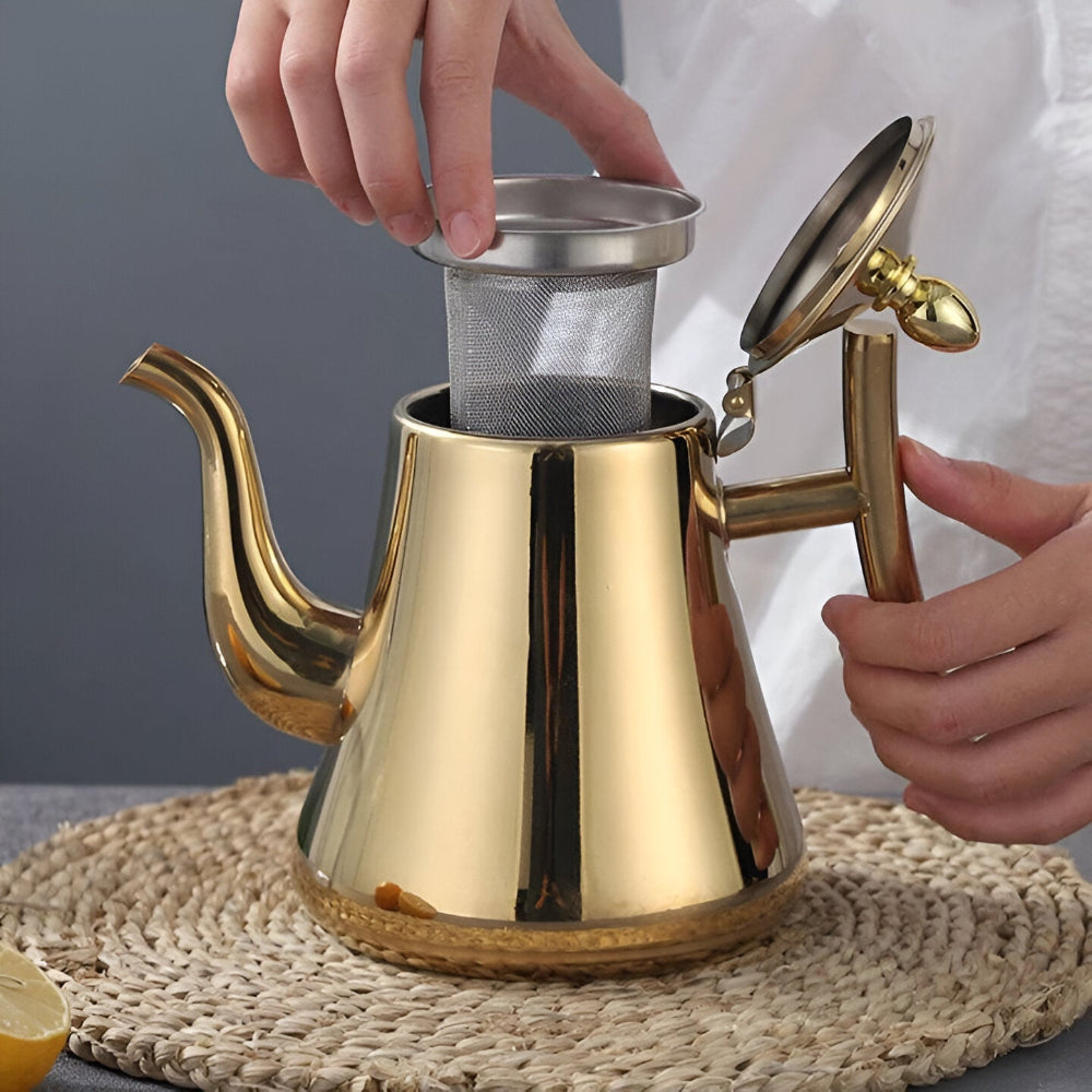 PurePour Teekanne - 1L / 1.5L Gold Teekanne - Edelstahl Teekanne mit Multifunktionsfilter