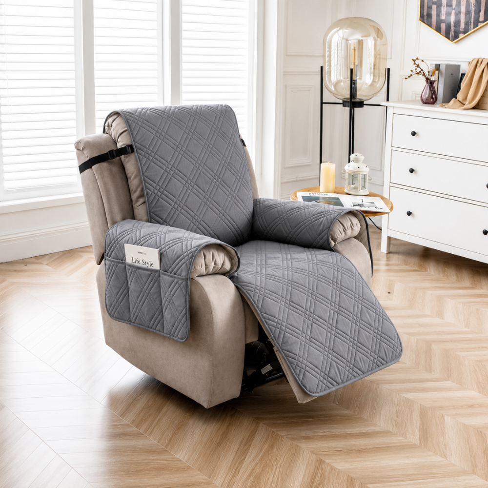 Relaxsessel Schonbezug Wasserdicht & Rutschfest – Gesteppter Sesselschoner mit Taschen für TV-Sessel & Recliner