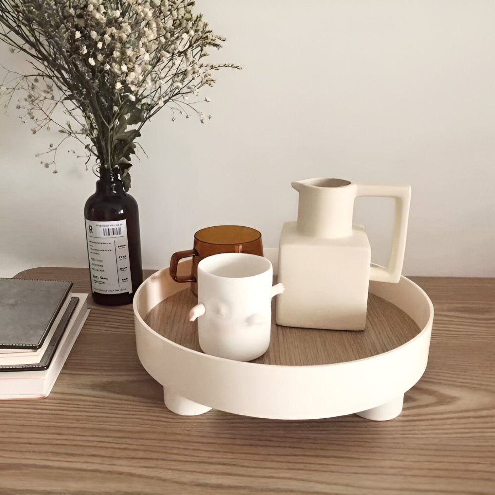 Rundliches Serving Tray - Dekoratives Tablett aus Holz - Weißes Tablett aus Keramik